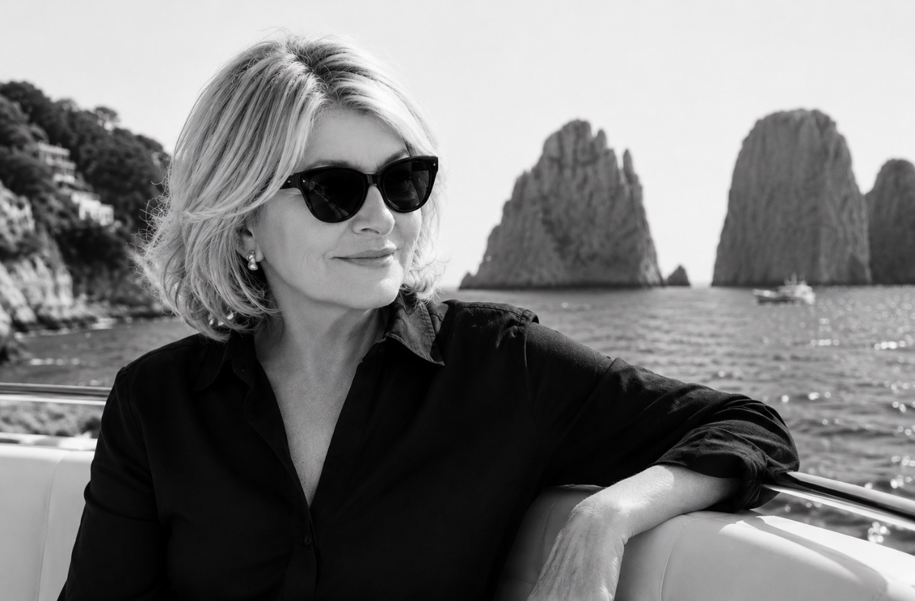 Black-and-white portrait of Martha Stewart in sunglasses on a boat off the coast of Capri