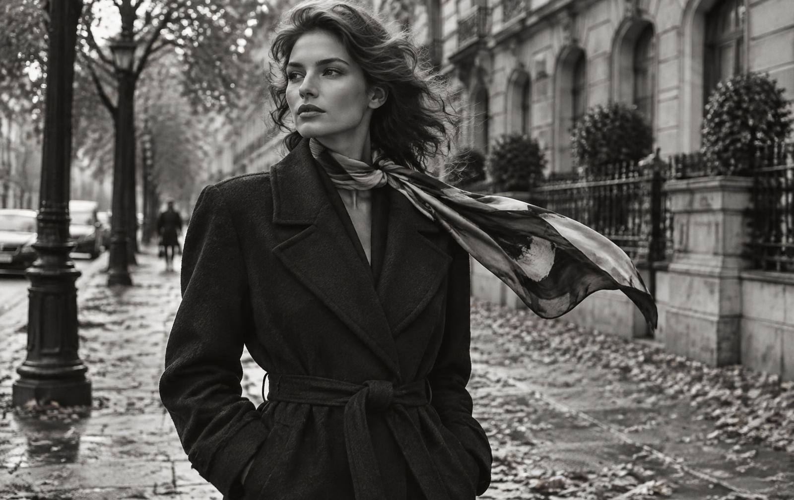 Black-and-white fall editorial photograph of a model in a tailored wool coat on a leaf-strewn city street